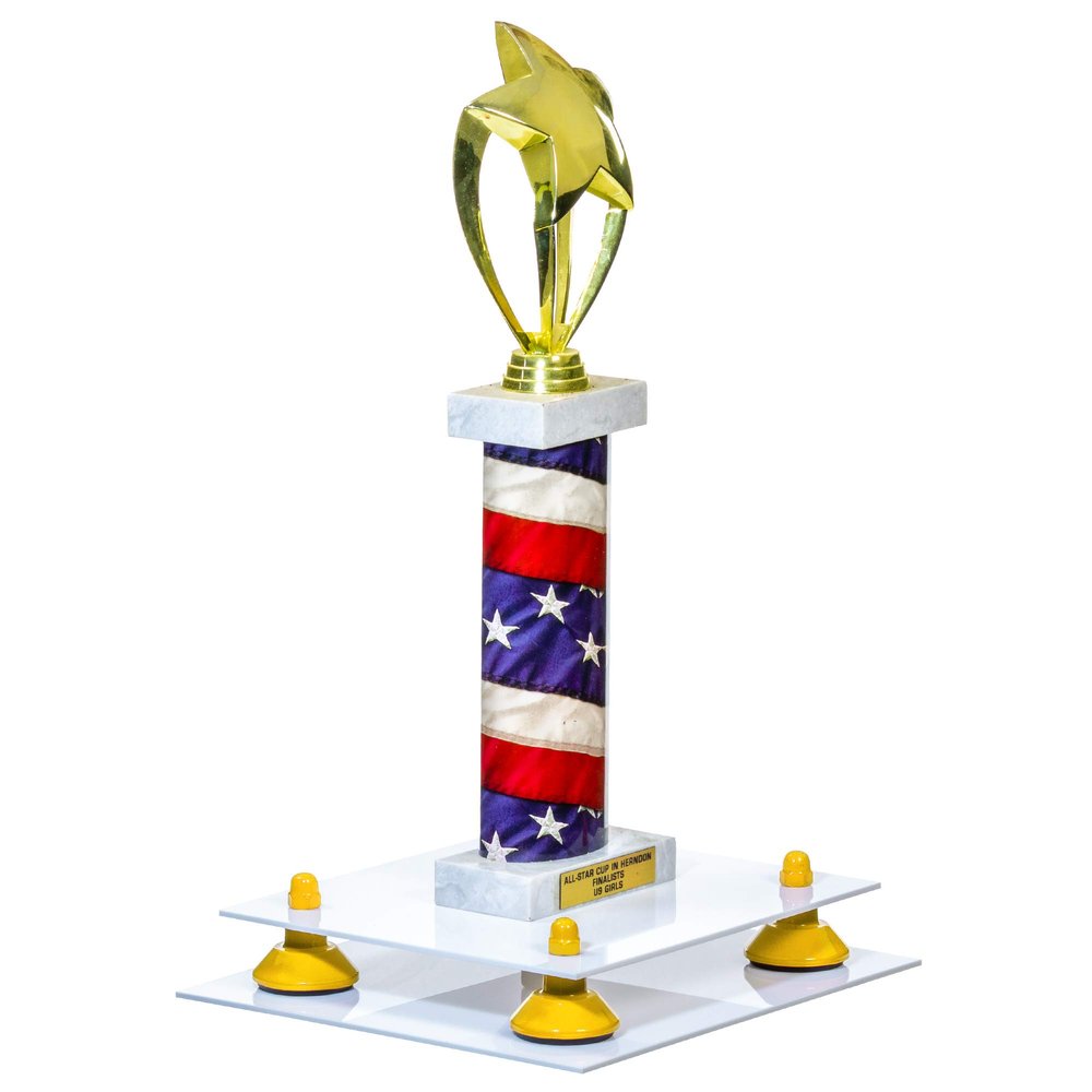 Better Display Cases White Acrylic Large Trophy Pedestal Stand or Base with Yellow Risers - 8.75" X 7.75" (A006/V21)