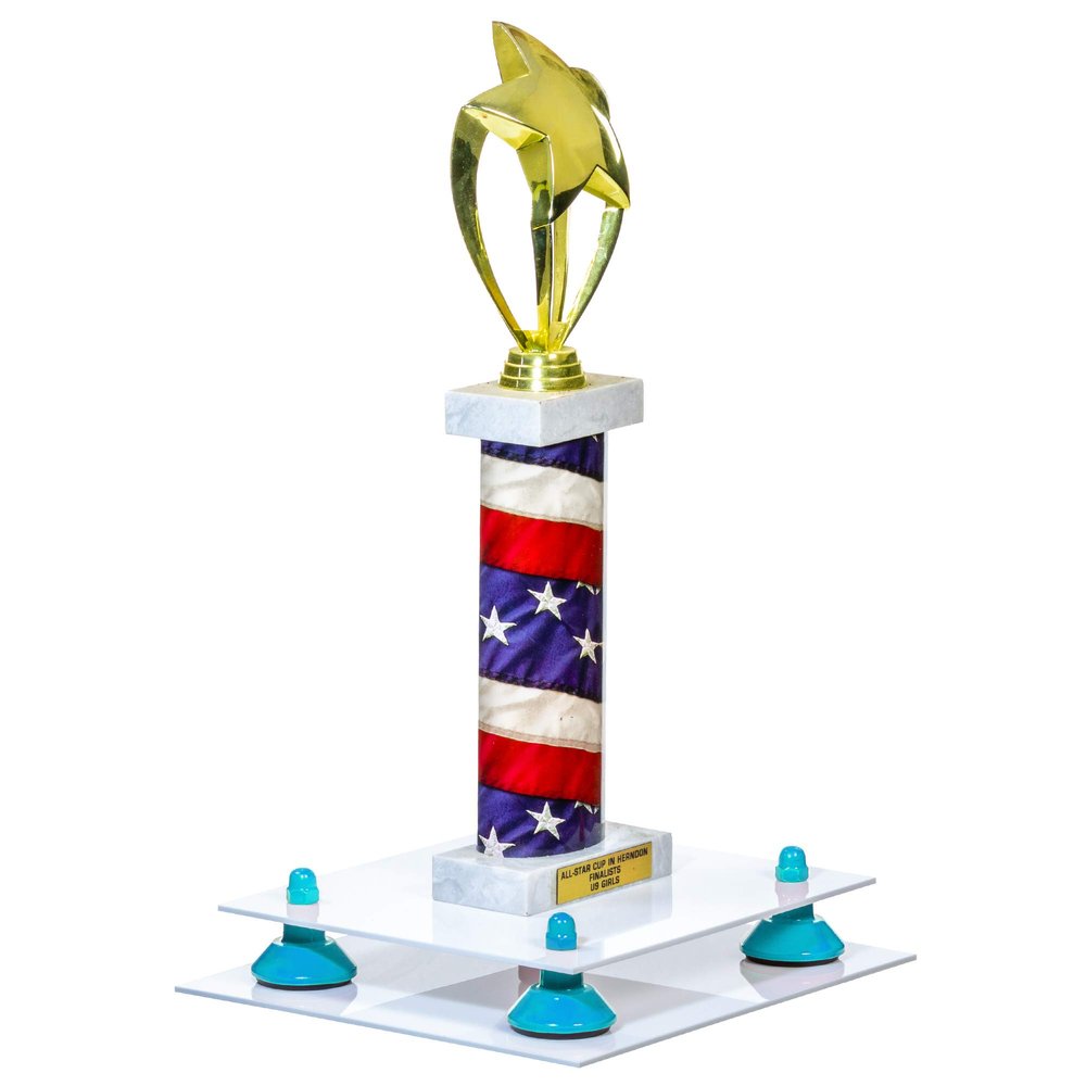 Better Display Cases White Acrylic Large Trophy Pedestal Stand or Base with Light Blue Risers - 8.75" X 7.75" (A006/V21)