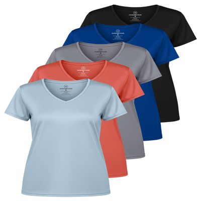 Real Essentials 5 Pack: Women's Dry Fit Short Sleeve V Neck Workout Top - Fitness Pilates Gym Athletic Yoga T-Shirt (Plus Available), Set 10, M