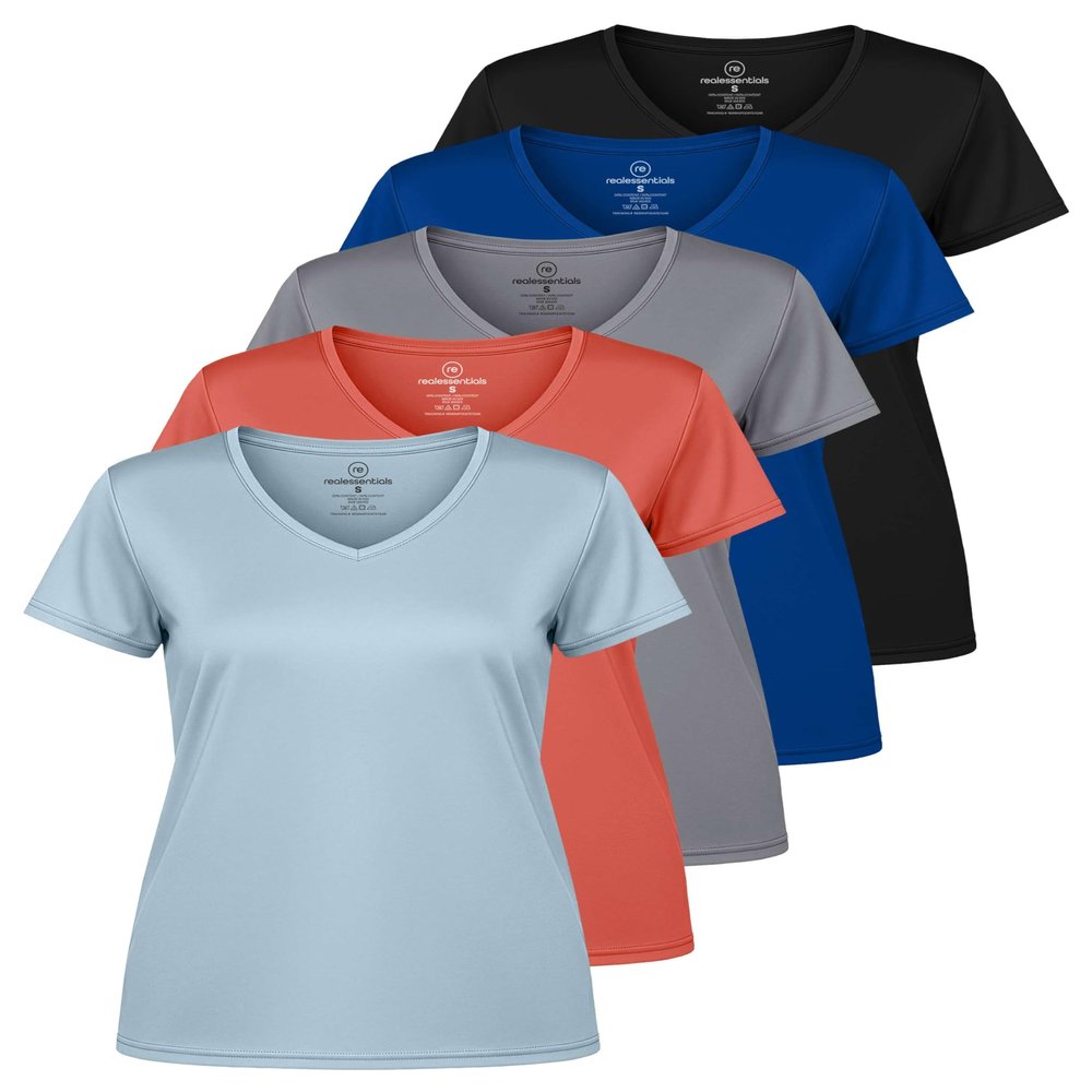 Real Essentials 5 Pack: Women's Dry Fit Short Sleeve V Neck Workout Top - Fitness Pilates Gym Athletic Yoga T-Shirt (Plus Available), Set 10, M