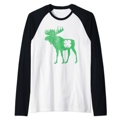 Moose Shamrock St. Patrick's Day Saint Paddy's Irish Clover Raglan Baseball Tee