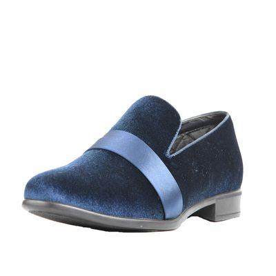 Amali King and Knight - Men's Slippers - Mens Loafers - Designer Shoes for Men - Tuxedo Shoes - Velvet Loafers Men - Embossed Paisley Pattern, Satin Band and Trim - Navy Size 10
