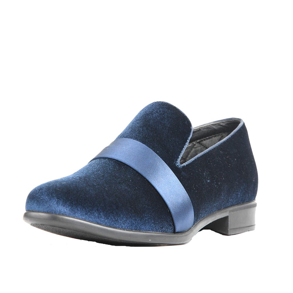 Amali King and Knight - Men's Slippers - Mens Loafers - Designer Shoes for Men - Tuxedo Shoes - Velvet Loafers Men - Embossed Paisley Pattern, Satin Band and Trim - Navy Size 10