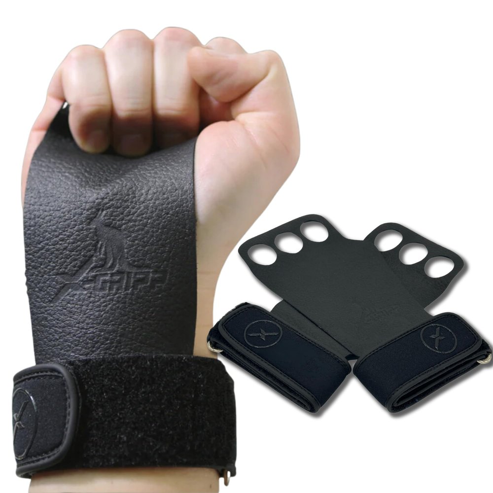 XEIRPRO X-GRIPP: Kangaroo Leather Hand Grips for Weight Lifting, and Cross Training - Gymnastics, Grips for Men and Women for Muscle and Pull ups - Tactical Grips (3 Finger, Black, Medium)