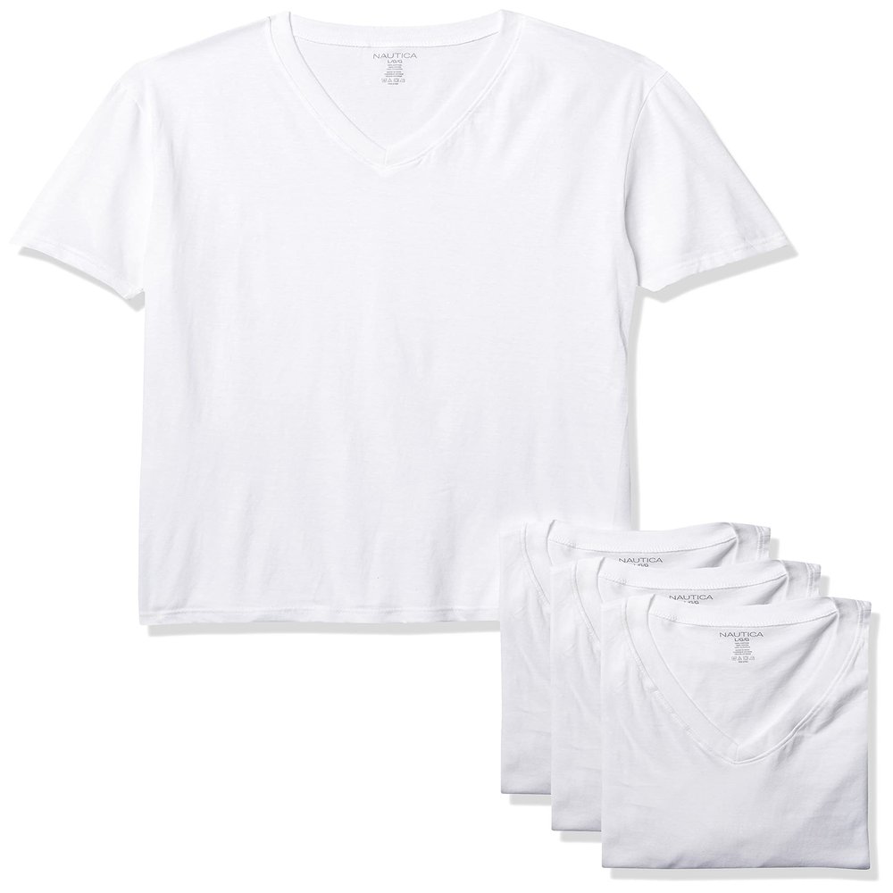 Nautica Men's 4 Pack Cotton V-Neck T-Shirts Undershirts White