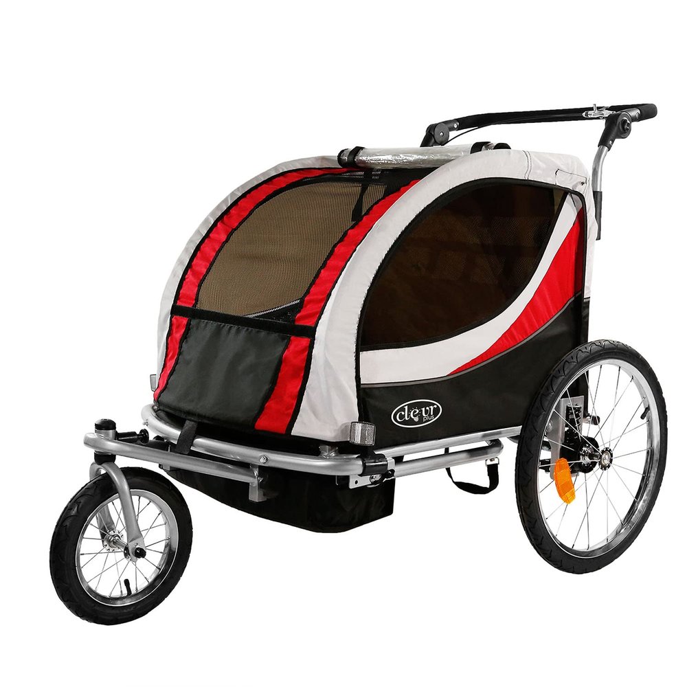 ClevrPlus Deluxe 3-in-1 Double 2 Seat Bicycle Bike Trailer Jogger Stroller for Kids Children | Foldable w/Pivot Front Wheel, Red