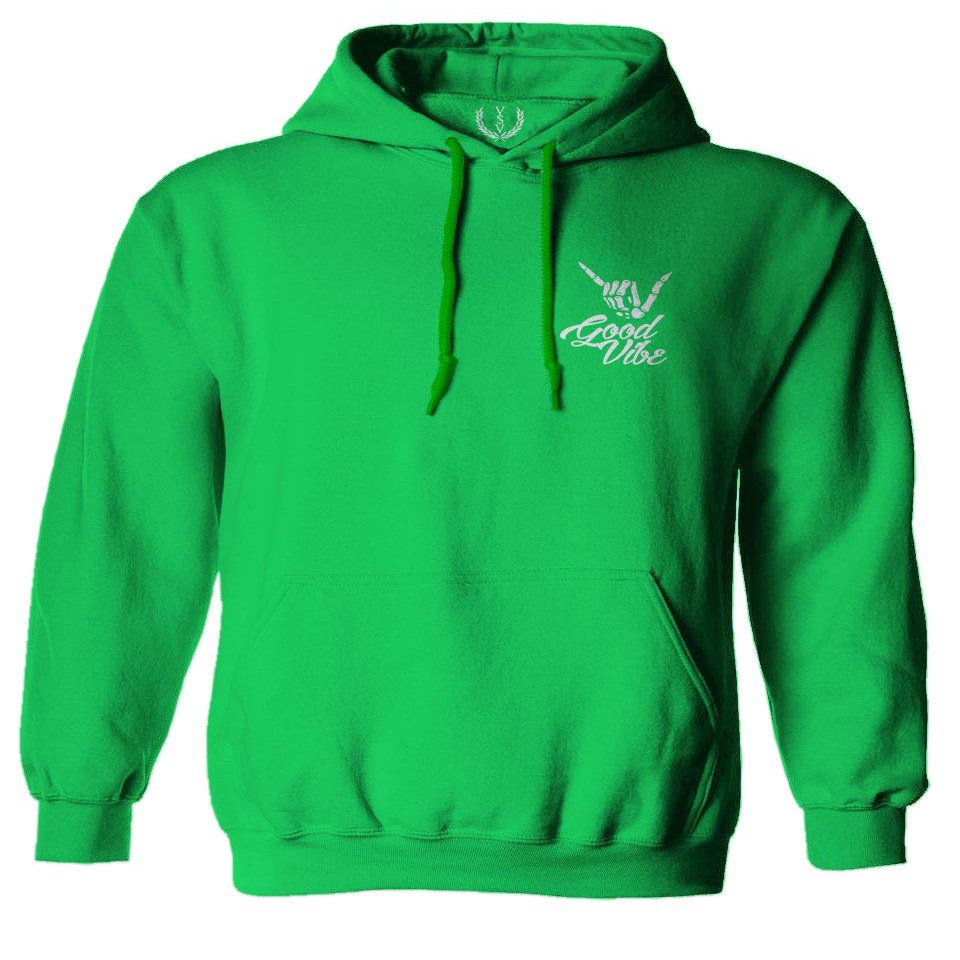 0012. Good Vibe Bones Hand Shaka Cool Vintage Hipster Graphic Sweatshirt Pullover Hoodie (Irish, Large)