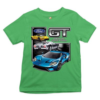 Ford GT American Horse Power Youth T-Shirt Sports Race Car Licensed Kids Green Medium