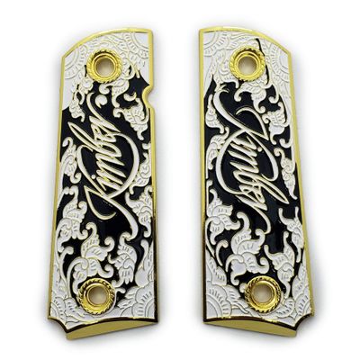 1911 Metal Grips, Gun Grips Screws Included, Full Size (Government/Commander), Scroll Gold W Black Enamel, Ambi Safety Cut