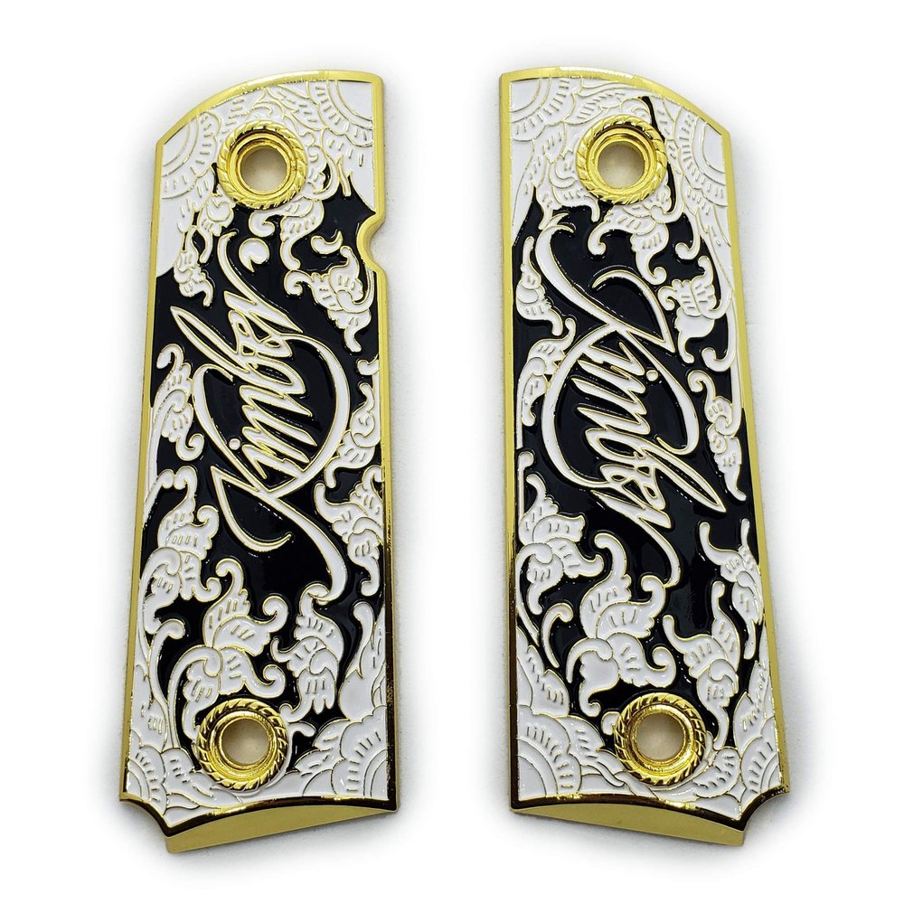 1911 Metal Grips, Gun Grips Screws Included, Full Size (Government/Commander), Scroll Gold W Black Enamel, Ambi Safety Cut
