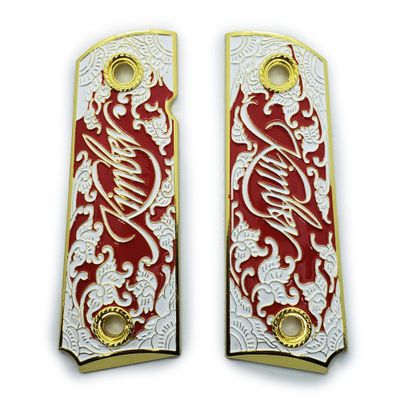 1911 Metal Grips, Gun Grips Screws Included, Full Size (Government/Commander), Scroll Gold W Red Enamel, Ambi Safety Cut