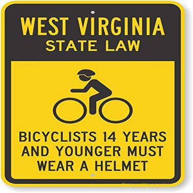 The Sign Studio - 18 x 24  West Virginia State Law Bike Sign: Bicyclists 14 Years and Younger Must Wear A Helmet (with Cyclists Symbol)