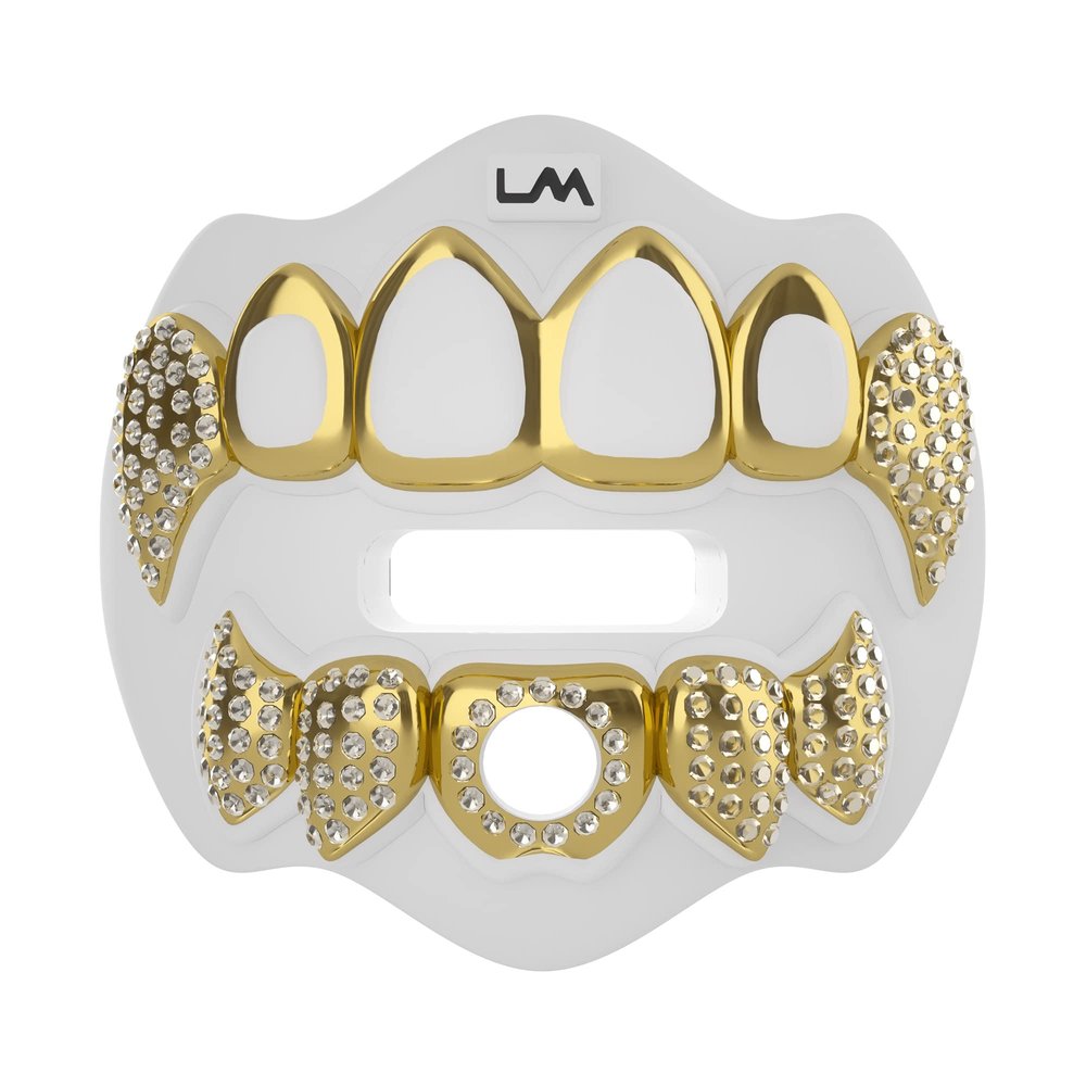 Loudmouth Football Mouth Guard - 3D Chrome Grillz Football Mouthpiece, Fits Adult & Youth, Mouth Guard Accessories (3D Grillz Bling - Chrome White/Gold)