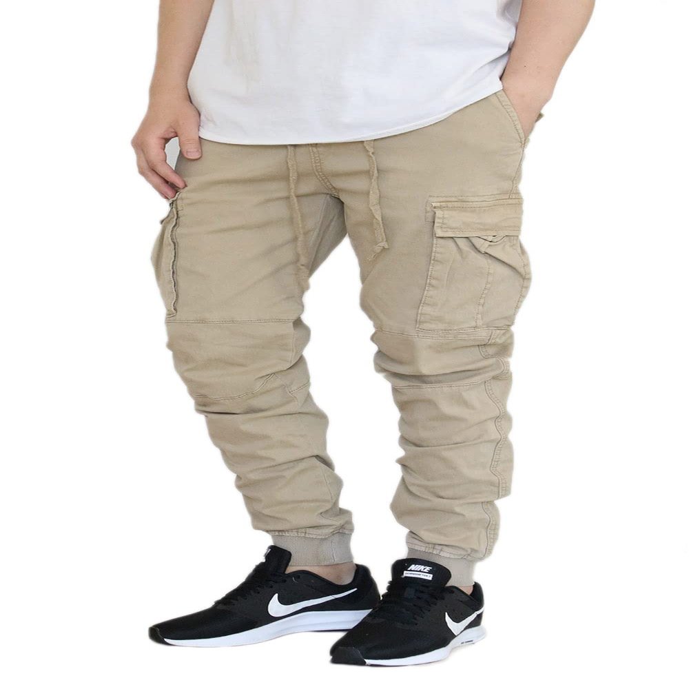 AIRNINE Men's Premium Twill Drop Crotch Jogger Pants S-5XL (Khaki Cargo, Large)