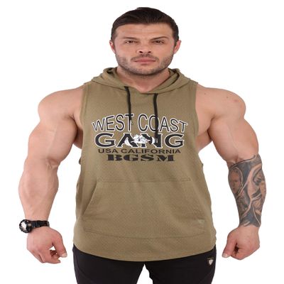 BIG SAM SPORTSWEAR COMPANY Men's Workout Hooded Tank Tops Sleeveless Gym Cotton Tee (Khaki, XXL)