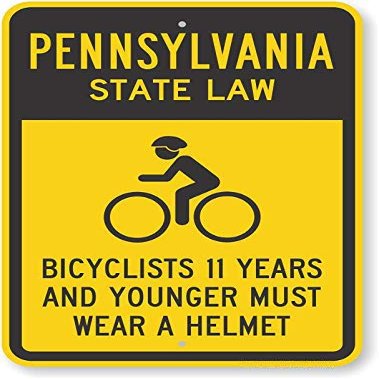 The Sign Studio - 18 x 24  Pennsylvania State Law Bike Sign: Bicyclists 11 Years and Younger Must Wear A Helmet (with Cyclists Symbol)
