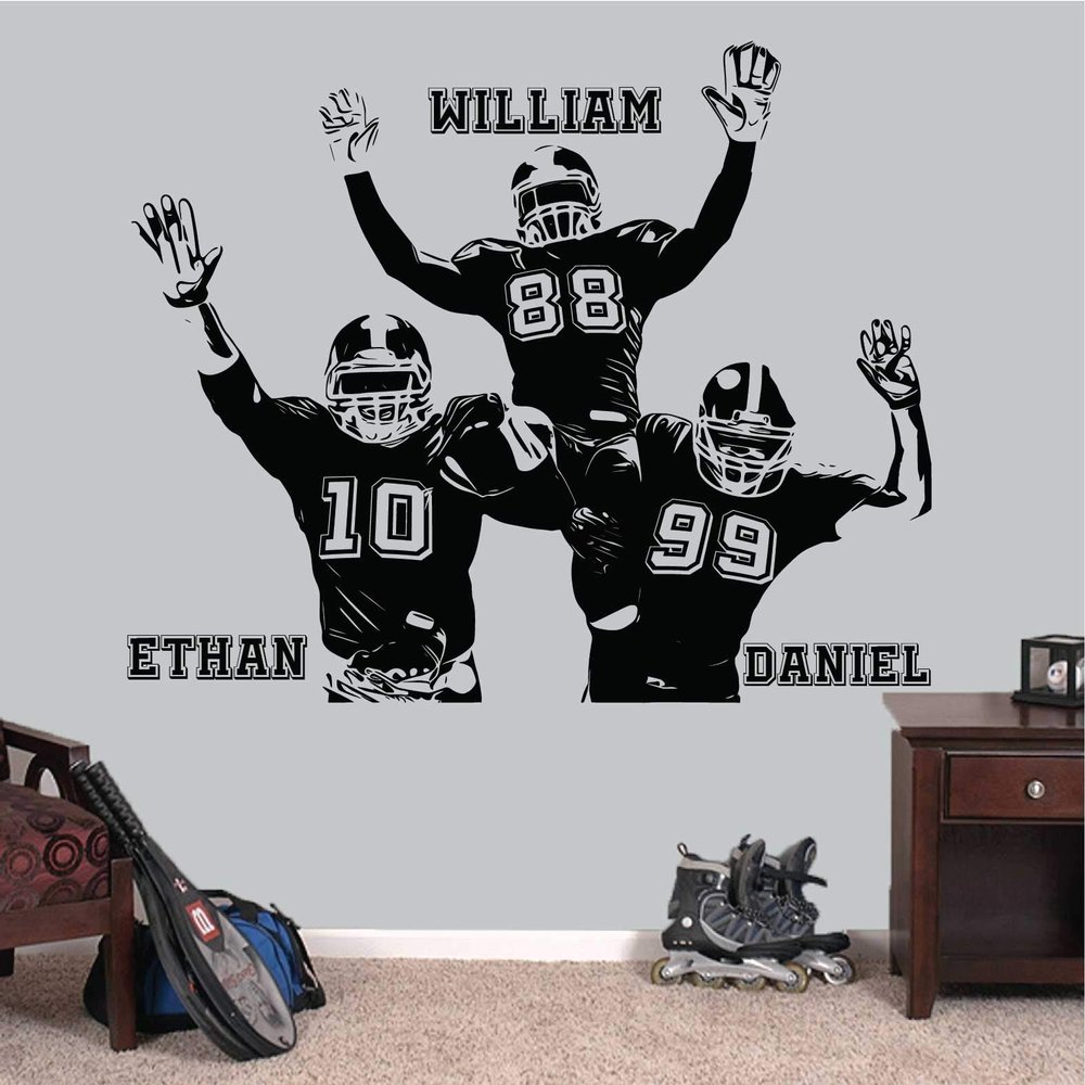 Personalized Custom Football Wall Decal - Numbers Custom Player Jerseys - Three Football Players - Three Friends 20 (46x56) Inches