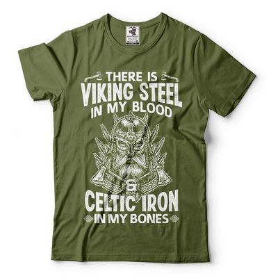 Viking Steel Celtic Iron Mens T-Shirt Odin Thor Ragnar Helmet Skull Tee Shirt Small Military Green
