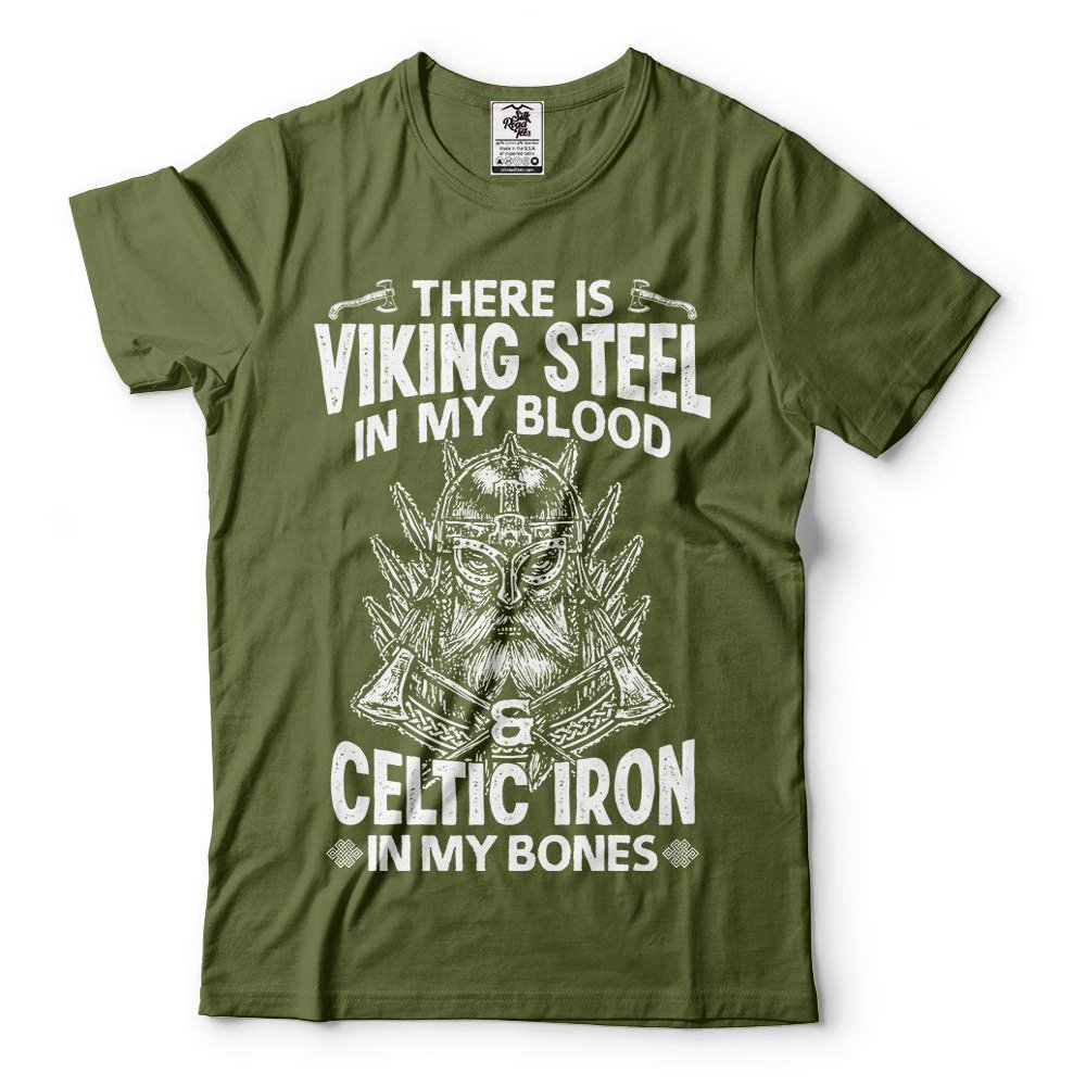Viking Steel Celtic Iron Mens T-Shirt Odin Thor Ragnar Helmet Skull Tee Shirt Small Military Green