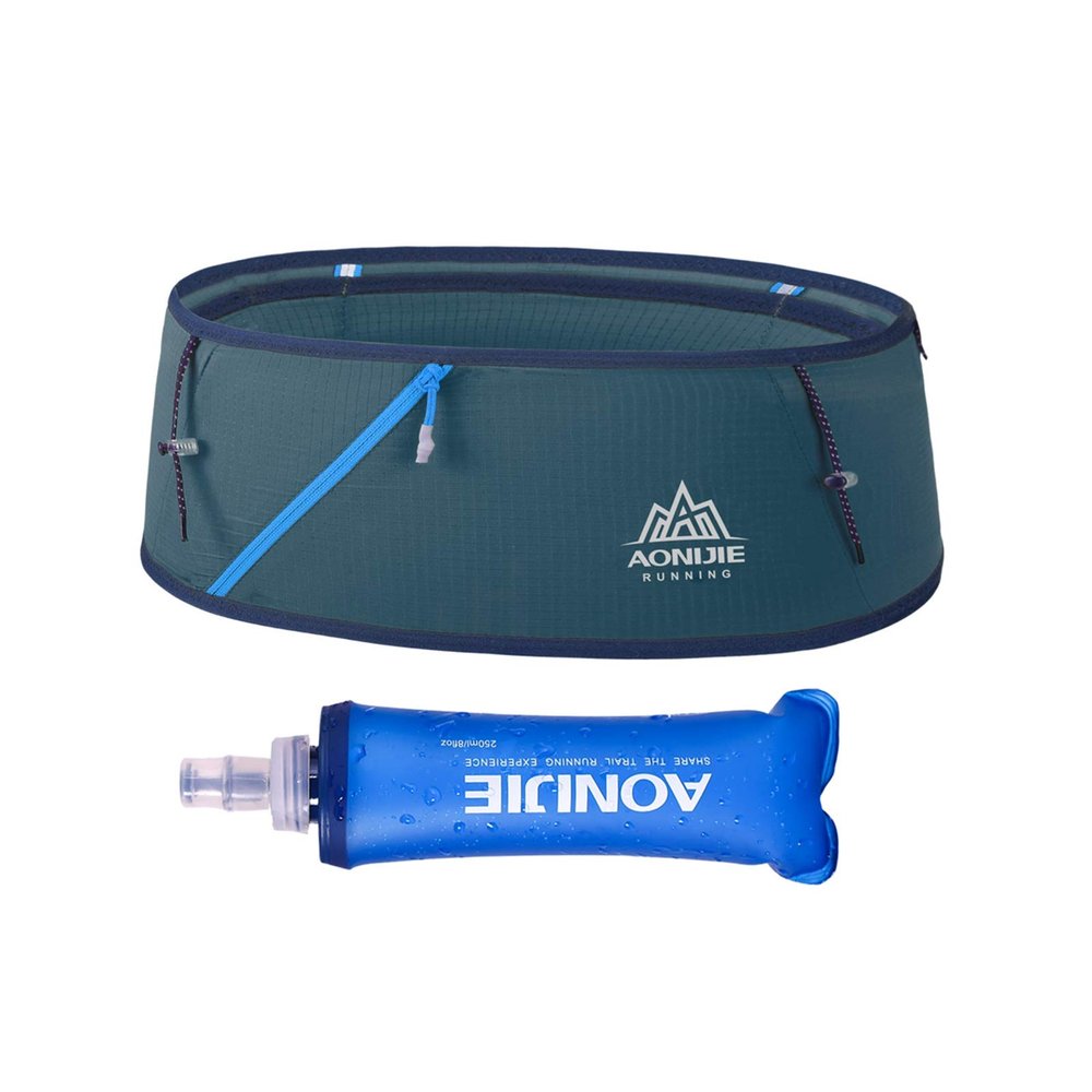 Running Pouch Belt Waist Pack Fanny Bag with 250ml Soft Water Bottle, Bounce Free Fashion Workout Jogging Travelling Money Pocket Belt for Women (Blue, L/XL)