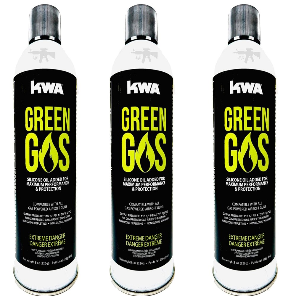 KWA Green Gas 8OZ for Airsoft and Free 1000 Bulldog BBS (Green Gas Pack x 3)