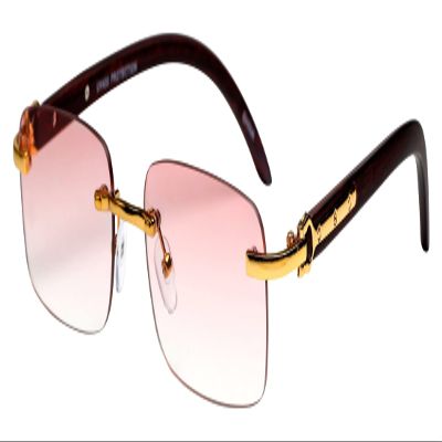 FLAWLESS EYEWEAR Retro Wood Buffs Vintage Style Gangster Rimless Clear Lens Rectangular Metal & Wood Eye Glasses (Pink)