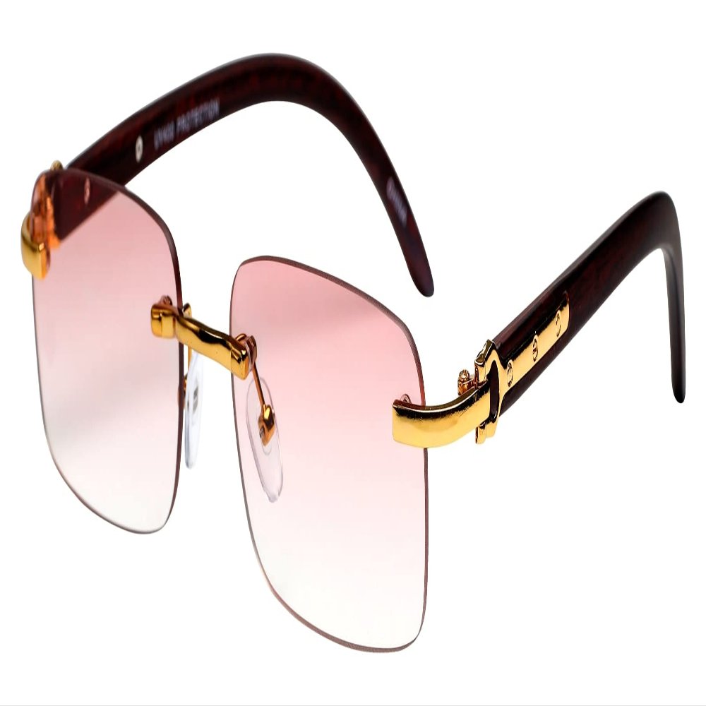 FLAWLESS EYEWEAR Retro Wood Buffs Vintage Style Gangster Rimless Clear Lens Rectangular Metal & Wood Eye Glasses (Pink)