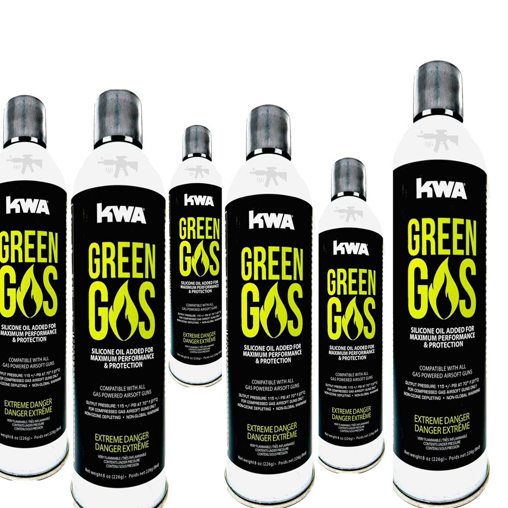 KWA Green Gas 8OZ for Airsoft and Free 1000 Bulldog BBS (Green Gas Pack x 6)