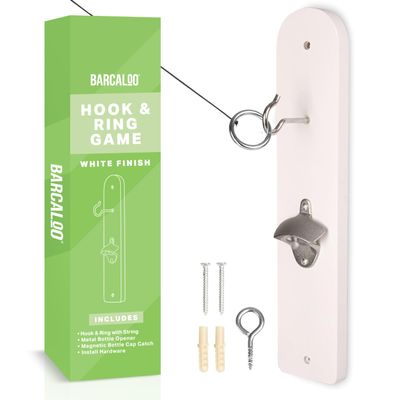 Barcaloo Hook and Ring Game with Botle Opener and Magnetic Bottle Cap Catch - Adult Ring Toss Game for Indoor Use White