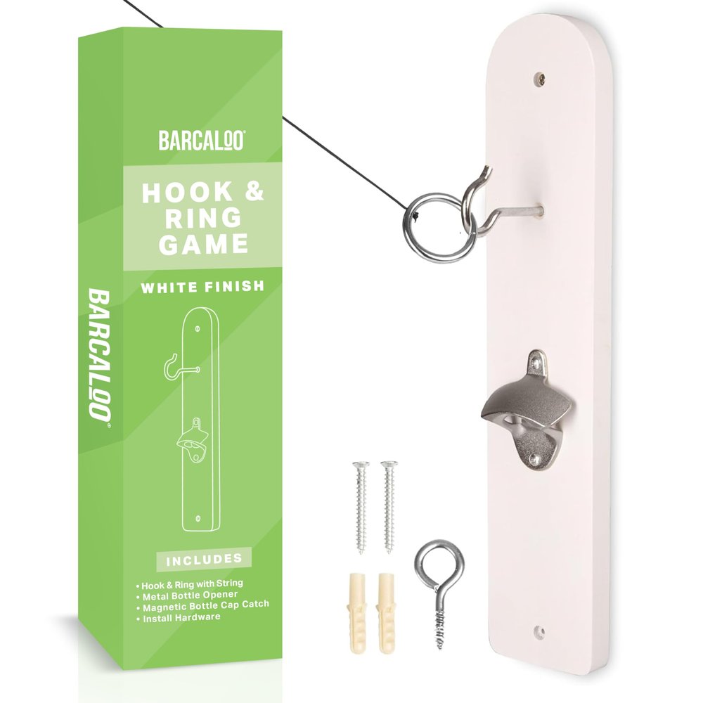 Barcaloo Hook and Ring Game with Botle Opener and Magnetic Bottle Cap Catch - Adult Ring Toss Game for Indoor Use White