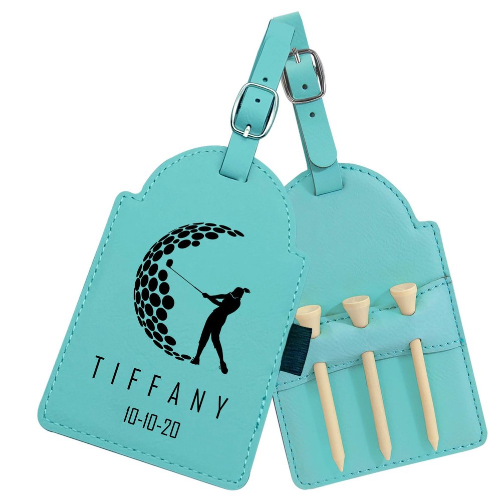 Personalized Golf Bag Tag with Tees, Customized Leather Golf Luggage Accessories with Custom Name Gift for Dad - Golfer Gifts (Teal)