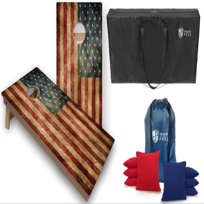 Tailgating Pros Tournament Grade Cornhole Game- Includes Set of Two Professional Distressed Flag 4'x2' Regulation Baltic Birch Cornhole Boards, Carrying Case, and 8 Cornhole Bags Optional LED Lights