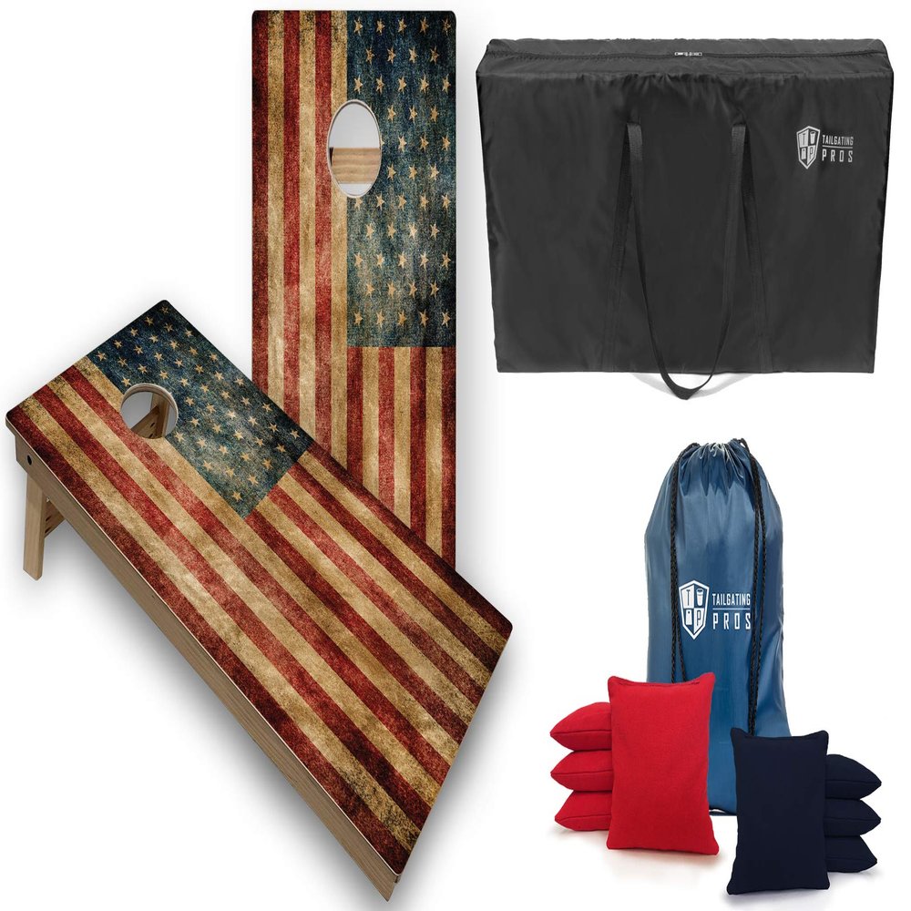 Tailgating Pros Tournament Grade Cornhole Game- Includes Set of Two Professional Distressed Flag 4'x2' Regulation Baltic Birch Cornhole Boards, Carrying Case, and 8 Cornhole Bags Optional LED Lights
