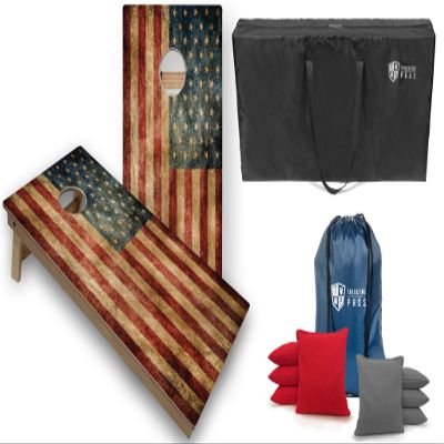 Tailgating Pros Tournament Grade Cornhole Game- Includes Set of Two Professional Distressed Flag 4'x2' Regulation Baltic Birch Cornhole Boards, Carrying Case, and 8 Cornhole Bags Optional LED Lights