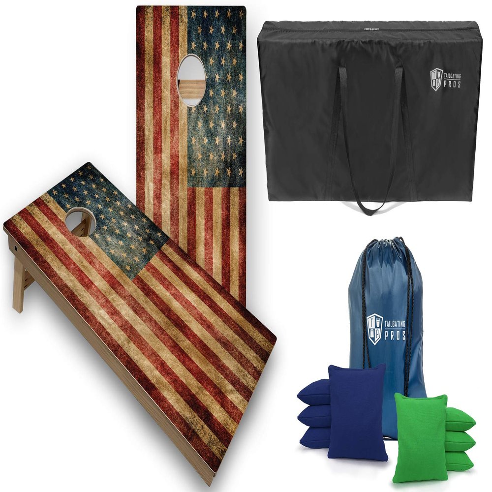 Tailgating Pros Tournament Grade Cornhole Game- Includes Set of Two Professional Distressed Flag 4'x2' Regulation Baltic Birch Cornhole Boards, Carrying Case, and 8 Cornhole Bags Optional LED Lights