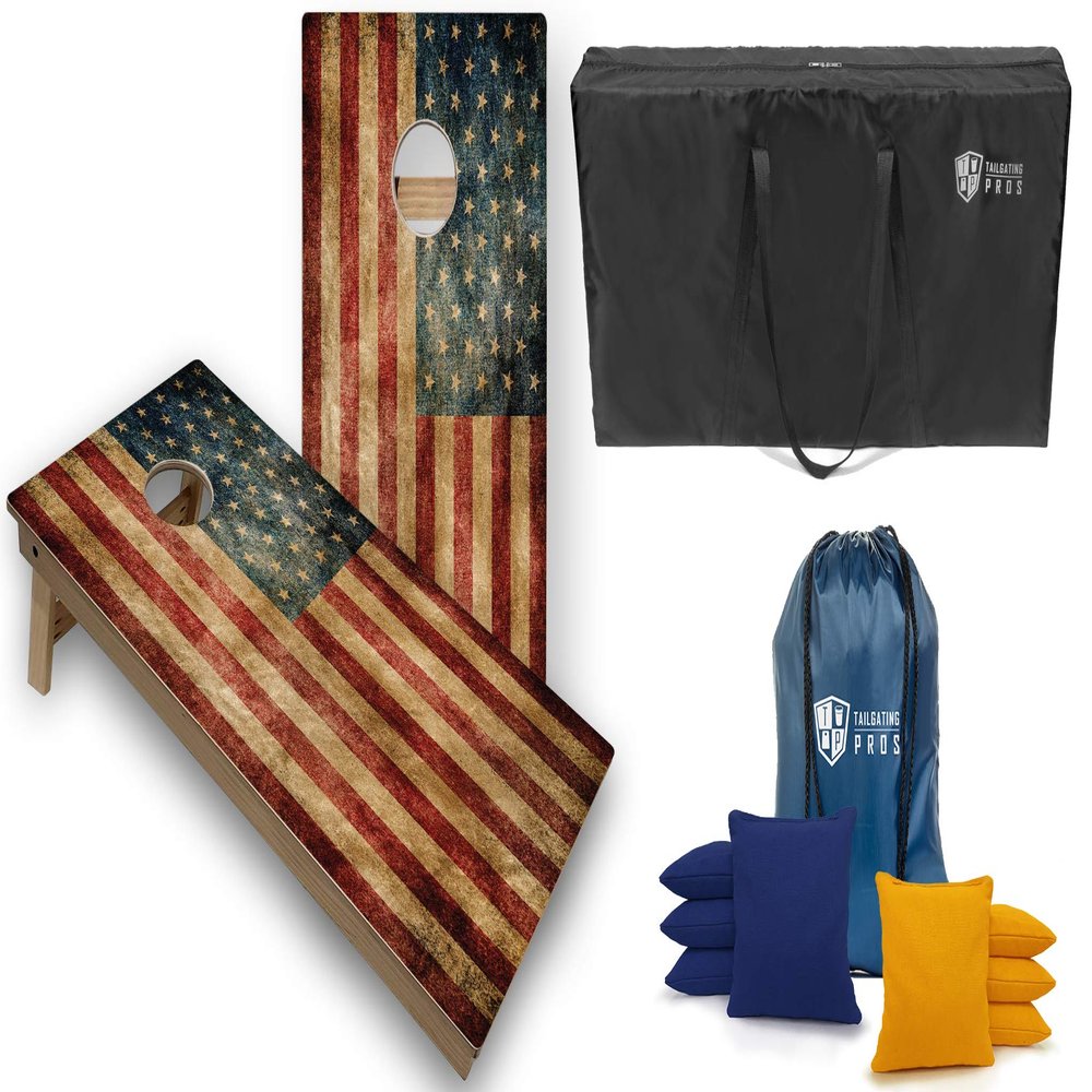 Tailgating Pros Tournament Grade Cornhole Game- Includes Set of Two Professional Distressed Flag 4'x2' Regulation Baltic Birch Cornhole Boards, Carrying Case, and 8 Cornhole Bags Optional LED Lights
