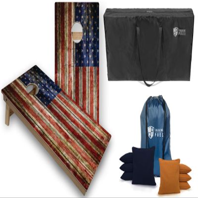 Tailgating Pros Tournament Grade Cornhole Game - Includes Set of Two Professional Rustic Flag 4'x2' Regulation Baltic Birch Cornhole Boards, Carrying Case, and 8 Cornhole Bags  Optional LED Lights!