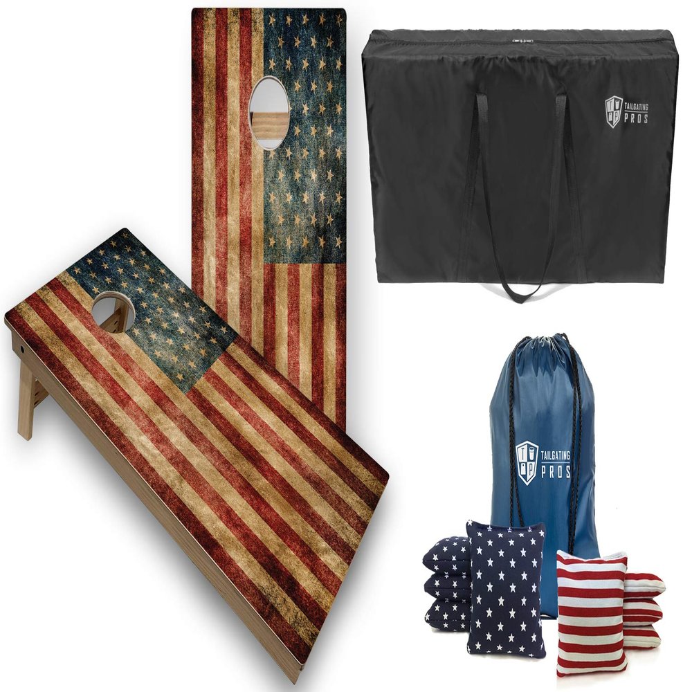 Tailgating Pros Tournament Grade Cornhole Game - Includes Set of Two Professional Flag Series 4'x2' Regulation Baltic Birch Cornhole Boards, Carrying Case, and 8 Cornhole Bags  Optional LED Lights!
