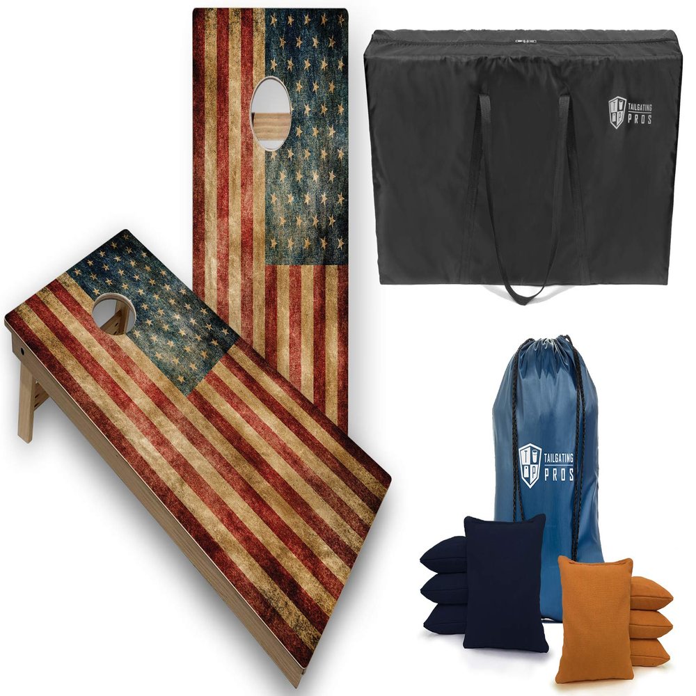 Tailgating Pros Tournament Grade Cornhole Game- Includes Set of Two Professional Distressed Flag 4'x2' Regulation Baltic Birch Cornhole Boards, Carrying Case, and 8 Cornhole Bags Optional LED Lights