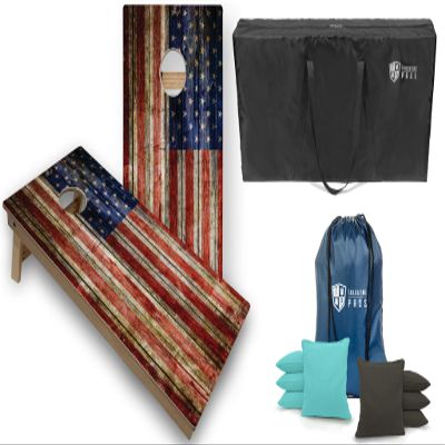 Tailgating Pros Tournament Grade Cornhole Game - Includes Set of Two Professional Rustic Flag 4'x2' Regulation Baltic Birch Cornhole Boards, Carrying Case, and 8 Cornhole Bags Optional LED Lights!