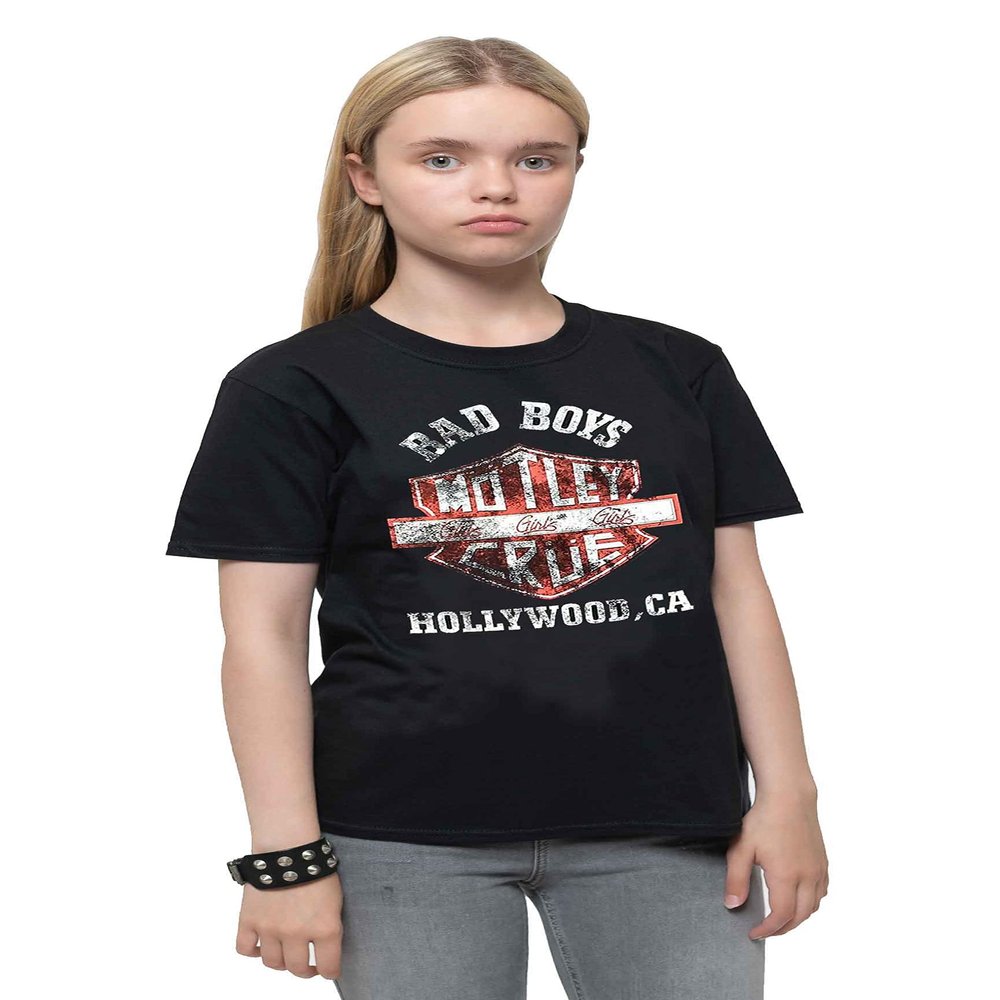 Motley Crue Kids T Shirt Bad Boys Shield Official Black Ages 5-14 Yrs Size X-Large (11/12 Yrs)