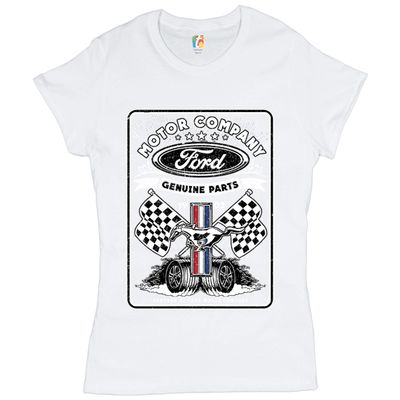 Ford Motor Company T-Shirt Racing Flags Mustang Logo Licensed Women's Tee White Small