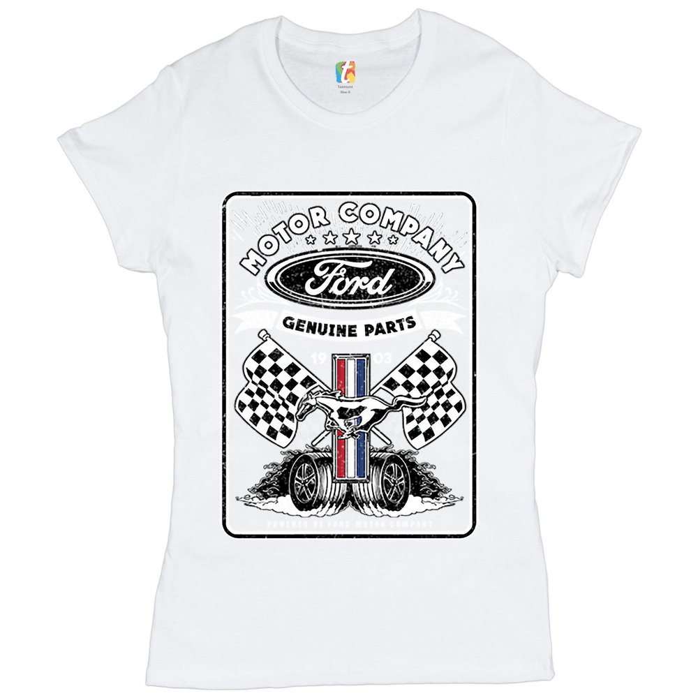 Ford Motor Company T-Shirt Racing Flags Mustang Logo Licensed Women's Tee White Small