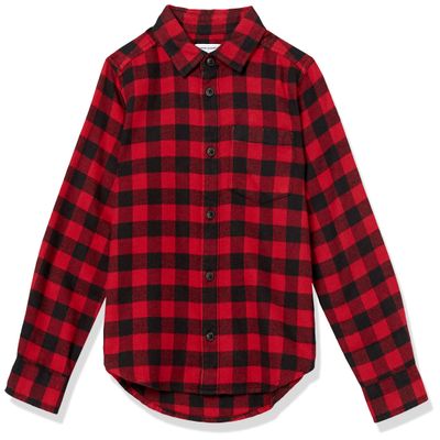 Amazon Essentials Boys' Flannel Button Down Shirt, Red Buffalo Check, Medium