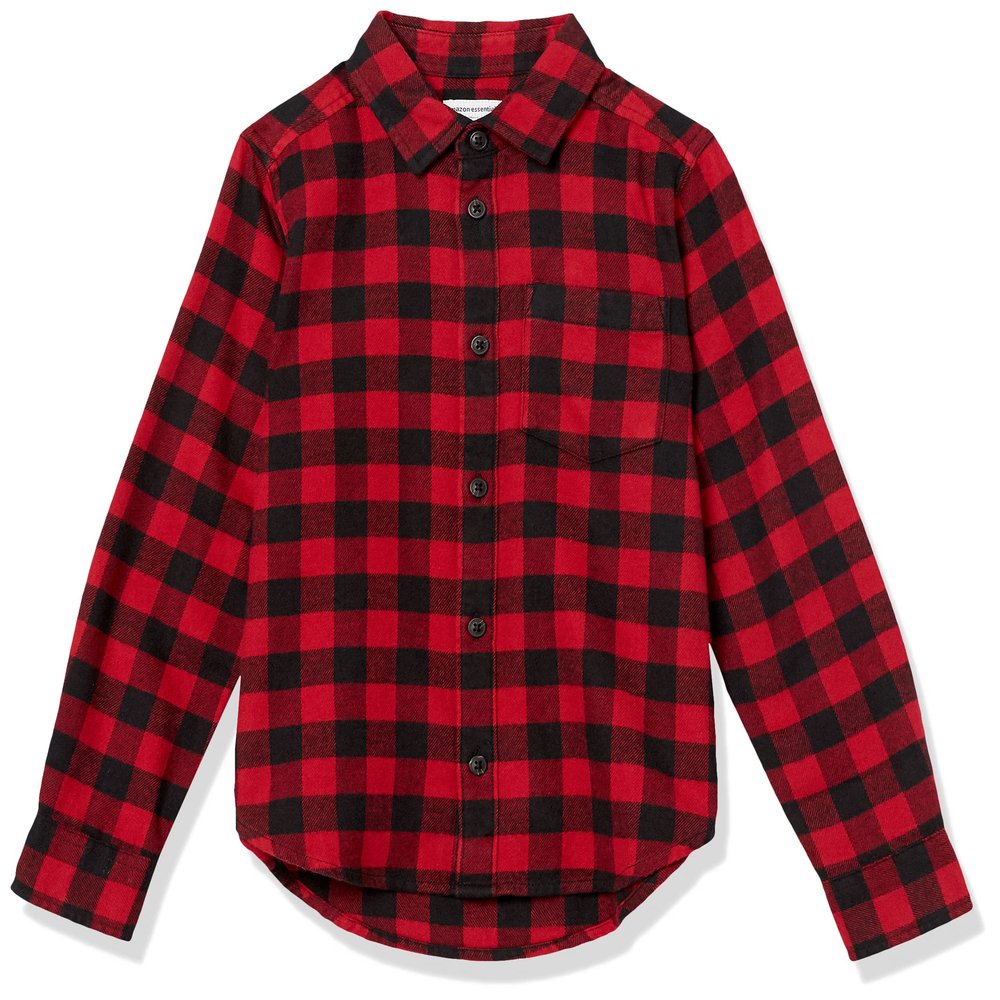 Amazon Essentials Boys' Flannel Button Down Shirt, Red Buffalo Check, Medium