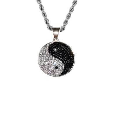 Men Women 925 Italy 14k Gold Finish Iced Chinese Philosophy Taoist Symbol Yin-Yang Taichi YogaYing Yang Ice Out Pendant Stainless Steel Real 2.5 mm Rope Chain Necklace, Men's Jewelry, Iced Pendant, Rope Necklace (24" NECKLACE)