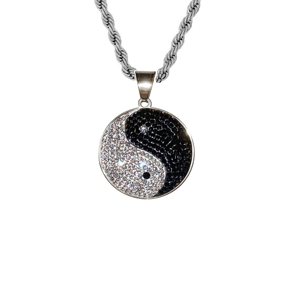 Men Women 925 Italy 14k Gold Finish Iced Chinese Philosophy Taoist Symbol Yin-Yang Taichi YogaYing Yang Ice Out Pendant Stainless Steel Real 2.5 mm Rope Chain Necklace, Men's Jewelry, Iced Pendant, Rope Necklace (24" NECKLACE)