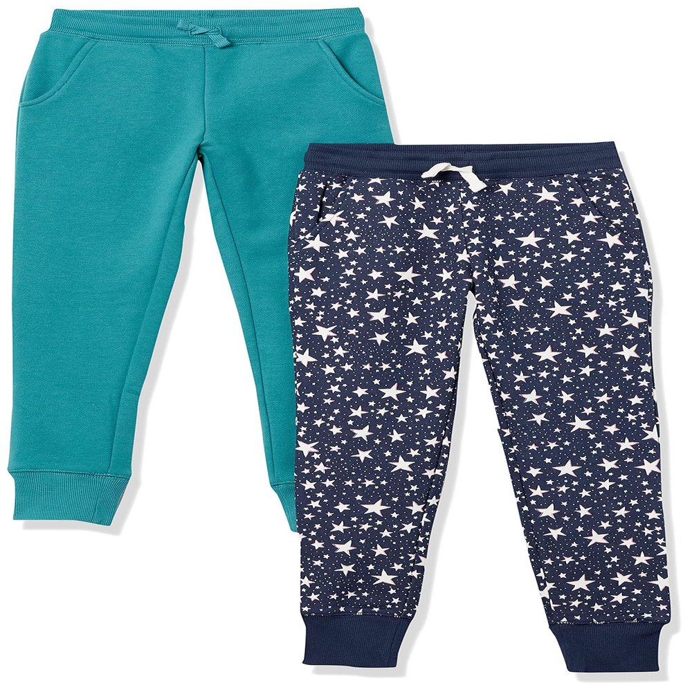 Amazon Essentials Toddler Girls' Elastic Waist Jogger Sweatpants, Regular-Fit, Pack of 2, Navy Stars/Teal Green, 3T