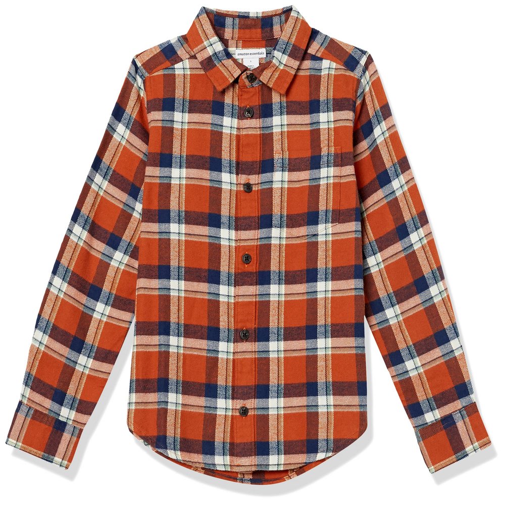 Amazon Essentials Boys' Flannel Button Down Shirt, Navy Orange Plaid, X-Large
