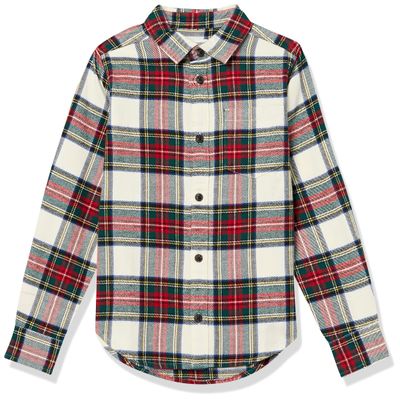 Amazon Essentials Boys' Flannel Button Down Shirt, Green Red Plaid, Medium
